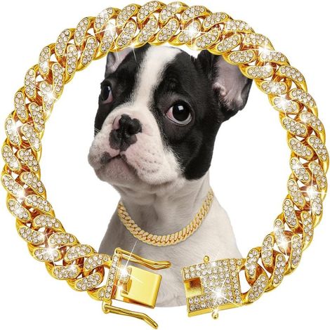 Collier pour chien et chat en or maillons cubains 13 mm diamants chaîne métal (25 cm) (1/5)