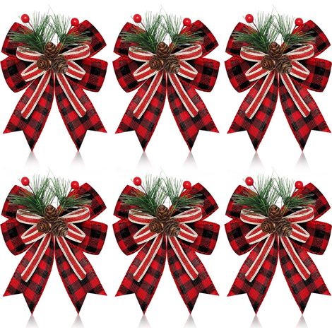Lot de 6 nœuds de Noël en toile de jute avec pommes de pin et aiguilles de pin, ruban à carreaux, décoration d'arbre de Noë(rouge et noir) (1/5)
