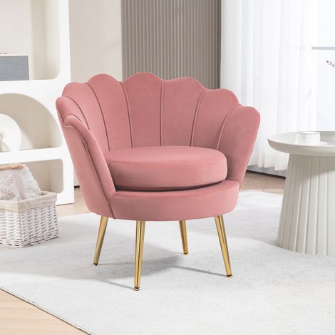 Butaca Tapizada en Terciopelo Butaca de Dormitorio con Respaldo en Forma de Concha y Patas Doradas 76x67x74 cm Rosa (1/5)