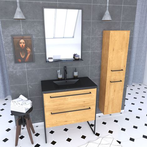 Composizione mobile bagno 80x50 rovere scuro - 2 cassetti rovere scuro - lavabo resina nera