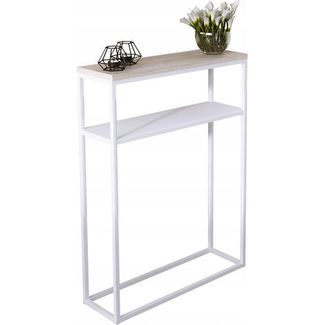 Consola doble 60x20 con estante metálico, recibidor realizado en perfiles 15x15, Blanco Mate, Roble Sonoma (1/3)