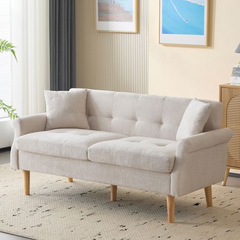 Canapé 2 places 162x74x77 cm beige en chenille avec coussins épais et pieds en bois massif (1/5)
