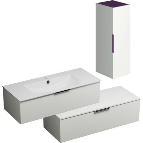 Meuble salle de bain vasque BURGBAD Olena en décaler 120 cm blanc brillant + colonne (1/5)