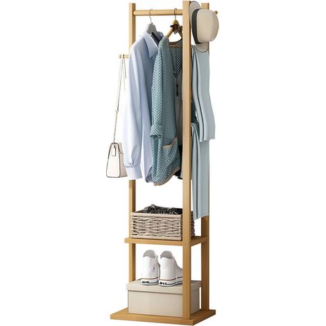 Sinbinta – Porte-manteau sur pieds en bambou – 3 patères arrondies – 2 étagères de rangement – Capacité de 35kg – Dimensions 38x30x160cm