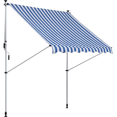 Store banne à bras articulés, fixation par pinces, hauteur réglable, 200 x 150 cm, bleu/blanc, en aluminium, pour terrasse et balcon