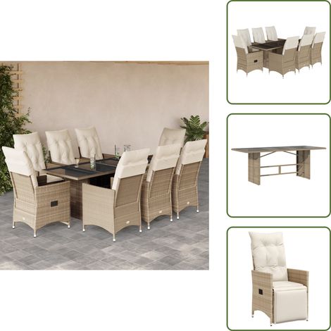 The Living Store Ensemble à manger de jardin et coussins 9 pcs beige Poly rotin - Ensemble Salon De Jardin - Mobilier De Jardin - Chaises De Jardin Inclinables - Table De Jardin - Résine Tressée (1/5)