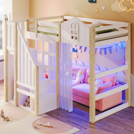 Lit surélevé 90x200cm avec éclairage LED, fenêtre intégrée, échelle à tiroirs, coffre de rangement, rideau, sans matelas, couleur blanc et bois naturel