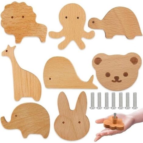 8 poignées de tiroir en bois avec motifs d\'animaux, boutons en bois pour armoire, boutons de commode décoratifs en bois avec vis (1/4)