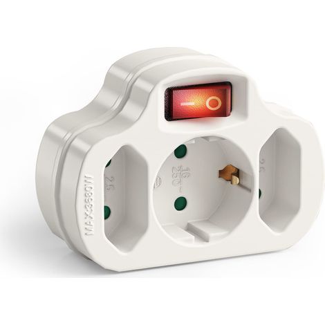 multiprise avec Interrupteur Marche/arrêt, 1x Prise Schuko 16A / 250V AC, 2X Prises Euro 2,5A / 250V AC, 3680 Watts, Blanc (1/5)