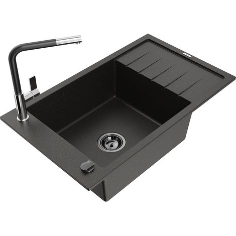 Mexen Elias lavello in granito 1-vasca con scolapiatti e miscelatore cucina Flora, nero/oro metallizzato - 6511-75-670401-07-B (1/5)