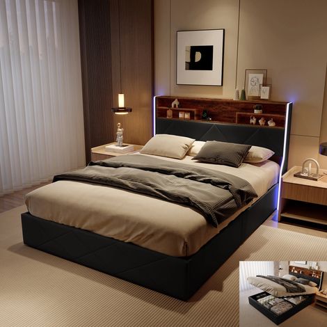 Lit 140 x 200, lit 140x200 avec sommier, cadre de lit, Lit coffre, avec LED et USB, coffre hydraulique,tête de lit Rangement,PU Noir (1/5)