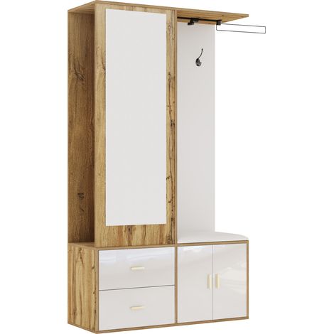 Mueble de entrada con espejo, zapatero y banco, blanco efecto madera, 100 x 38 x 180 cm (1/5)