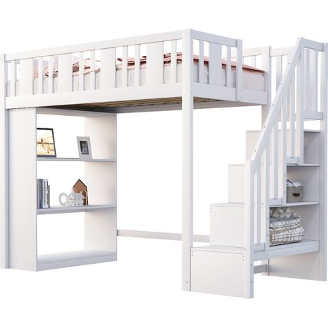 Lit mezzanine 90x200 cm en bois blanc avec escalier de rangement, barrières de sécurité et sommier à 15 lattes (1/5)