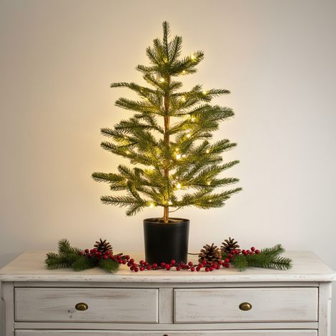 Künstlicher Weihnachtsbaum im Topf 60 cm mit Lichterkette batteriebetrieben - 30 LED - Deko Tannenbaum im Blumentopf warm weiß beleuchtet mit Timer