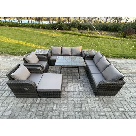 Fimous 9 places Ensemble de canapés en rotin Table & Fauteuil avec Canapé 3 places Table à manger rectangulaire 2 Tables d'appoint Grand tabouret Gris foncé mixte (1/5)