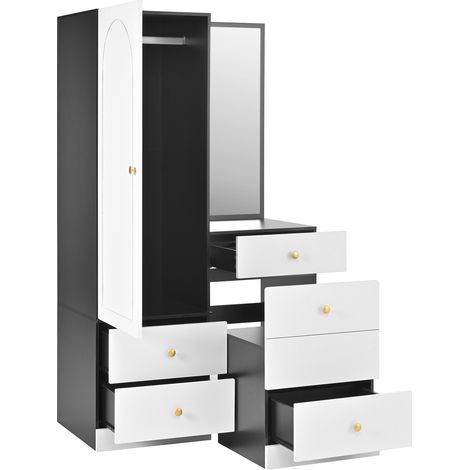 Commode multifonctionnelle avec penderie, miroir pleine longueur et tabouret escamotable en MDF noir et blanc (1/5)