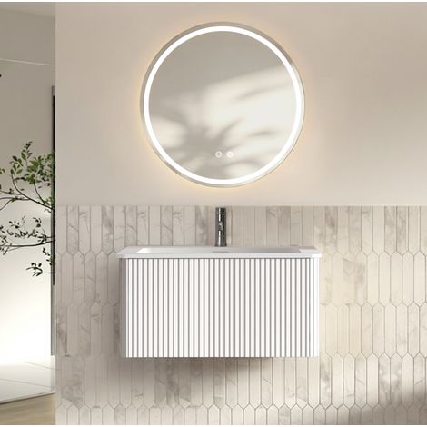 Badmöbel-Set mit 80 cm Waschtisch, wandhängend, weiß, mit LED-Spiegel (1/2)
