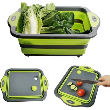 Planche à Découper Pliable 3 en 1 Panier à Découper avec Bouchon de Drainage et Ciseaux Multifonction Panier de Drainage pour Les Cuisines,Les Voyages,Le Camping(Vert) (1/5)