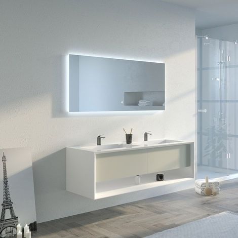 Distribain – Meuble sous vasque simple 140 cm – 2 tiroirs avec ouverture Push-Open – Miroir LED 1400 x 700 mm – Solid Surface beige galet et blanc (1/5)