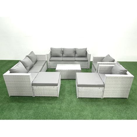 Fimous Outdoor Rattan Sofa Garden Furniture Set with 2 Armchairs Oblong Coffee Table 2 Big Footstools Light Grey Mixed (1/5)