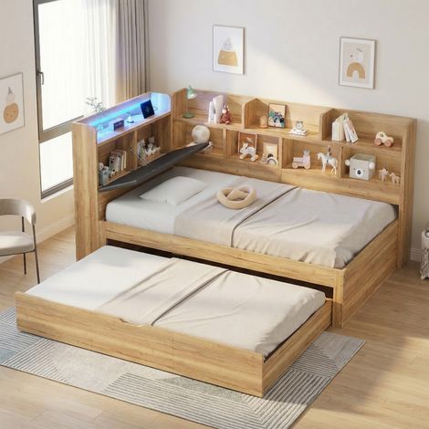 Lit gigogne 90x200cm en Bois Naturel - Lit Banquette Multifonction avec Lit Tiroir 90x190cm, Éclairage LED, Ports USB/Type-C et Étagères de Rangement - Structure en L