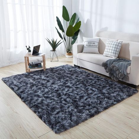 Tapis Salon Moderne en Peluche Tie-Dye, Lavable, Antidérapant, Doux pour Chambre, Chambre Enfant et Séjour, Gris Foncé, 120x160 cm (1/5)