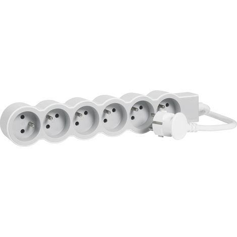 Rallonge Multiprise Extra-Plate, 6 Prises 2P+T Dont 1 À 90°, Cordon 1,5m Blanc Et Gris Clair, Usage Intérieur Avec Design Minimaliste