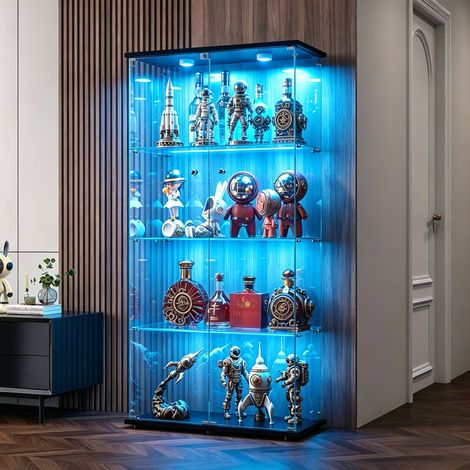 JOOKGBD-Glasvitrine,vitrinenschrank mit 2Türen 4Regalen transparent,Glasvitrine mit LED-Beleuchtung,Sammlerstücke Glasvitrine,Vertikale Glasvitrine,für Wohnzimmer Schlafzimmer Büro,Schwarz