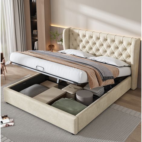 Cama doble Chesterfield 160x200 cm de terciopelo beige con cabecero alto, somier de láminas y arcón hidráulico (1/5)