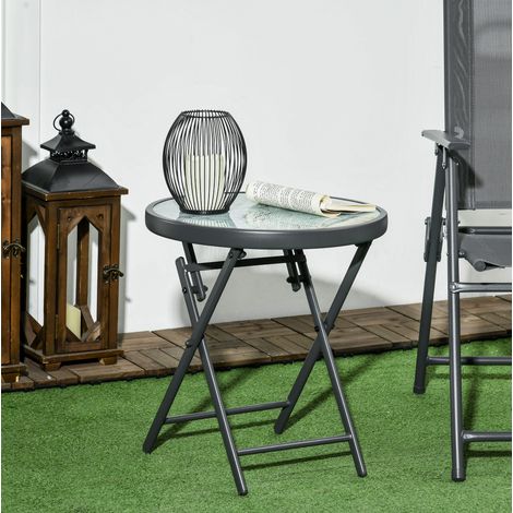 Mesa de jardín plegable de vidrio blanco redonda, mesa auxiliar de exterior compacta con tablero de vidrio de seguridad (1/5)