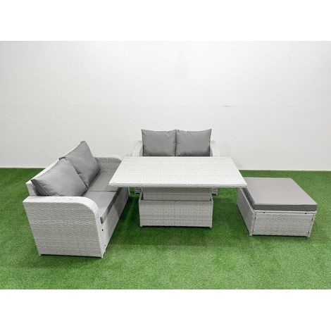 Fimous 5 Seater Outdoor Love Sofa Set Rattan Garden Furniture Set with Adjustable Lifting Dining or Coffee Table Big Footstool Light Grey (1/5)