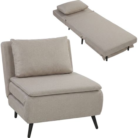 Fauteuil convertible 1 place - HOMCOM - clic-clac 3 en 1 - dossier réglable, oreiller, assise large - lin - 75x88x78cm - marron