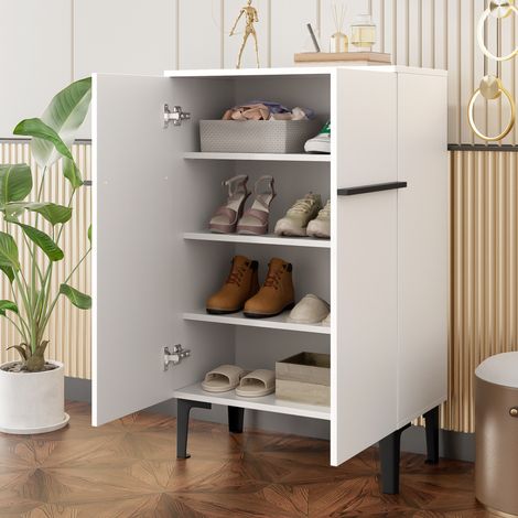 Zapatero de aglomerado blanco y negro, 2 puertas, baldas regulables, 60 x 34,5 x 95 cm (1/5)