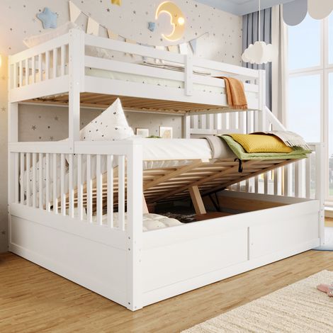 REDOM - Litera hidráulica 253x146.5x150 cm con escalera con almacenaje, espacio bajo la cama, pino, blanco (1/5)