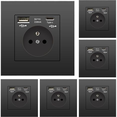 6er-Pack Wandsteckdosen mit USB und Typ-C, 5 V 2,1 A, Standard-EU-Einbausteckdose mit USB-Anschluss, französische Steckdosenleiste, 110–250 V (schwarz)