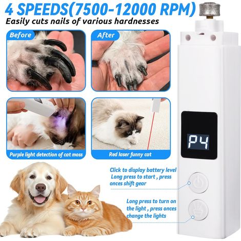 Lima de uñas para perros, 4 velocidades, cortaúñas eléctrico recargable para mascotas con luces LED, silencioso 45 dB, profesional, 3 puertos para perros y gatos grandes, medianos y pequeños (1/5)