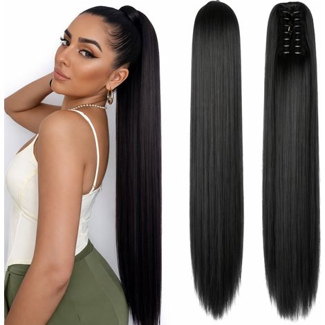 Extensiones de coleta negras - Extensiones de cabello con clip - Extensiones de coleta brasileñas - Extensiones de cabello - Postizo - 50 cm (1/2)