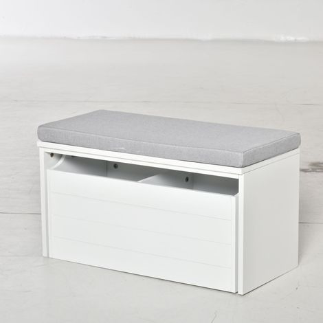 Banc de rangement gris avec coussin, meuble à chaussures à double tiroir, assise de rangement en MDF blanc, coffre pour chaussures avec grand compartiment. (1/5)