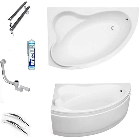 ECOLAM Baignoire d'angle acrylique blanc Ada 140x90 cm gauche, tablier en acrylique, poignées, pieds, siphon + silicone. Baignoire acrylique blanc (1/5)