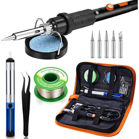 11 in 1 Fer à Souder Set, 60W Température Réglable 220480℃, 5 Pannes à Souderage, 1 Pince, Barre de Soudure avec ON/OFF pour la Maintenance Electrique (Noir) (1/5)