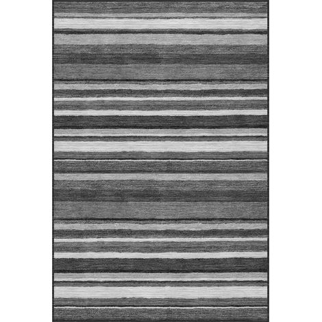 Modern Abstract Low-Pile Rug � Non-Slip & Machine Washable Floor Carpet for Living Room, Bedroom & Hallway � Neutral Short Shag Design STRIPPED RUG 200280CM GREY (1/5)