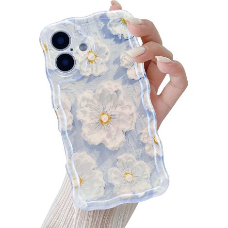 Coque pour iPhone 16, motif floral peint à l'huile, pour femmes et jeunes filles, cadre fin en silicone TPU souple bleu avec jolies ondulations. (1/4)