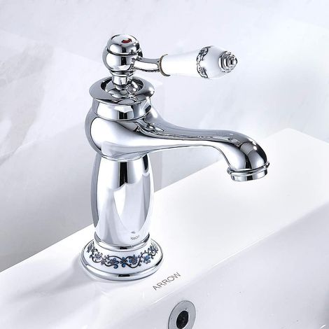 Mitigeur lavabo de salle de bain haute classique en laiton, Robinet de lavabo en laiton céramique porcelaine noire et blanche col long rétro floral apporter de l'eau froide et chaude robinet d'eau (1/5)