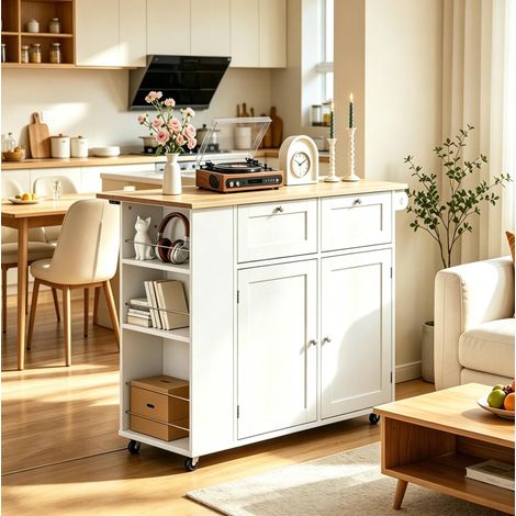 Mueble de cocina con tablero abatible 101 x 62 x 86 cm, ruedas, blanco y roble claro DESVIAE (1/5)