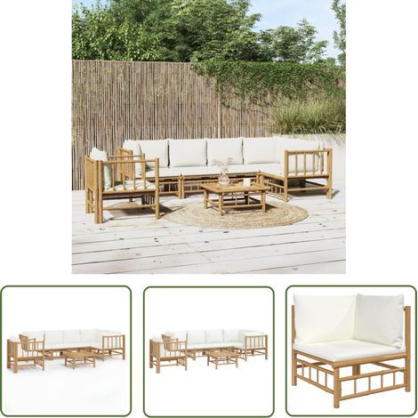 The Living Store Salon de jardin 7 pcs avec coussins blanc crème bambou - Salon De Jardin - Mobilier De Jardin - Ensemble De Salon - Meubles De Jardin - Bambou (1/5)