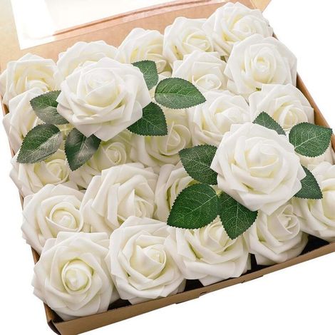(Ivoire)Lot de 25 roses artificielles en mousse ivoire avec tiges pour bouquets de mariage, centres de table de fête, arrangements, décorations de table de fête (1/4)