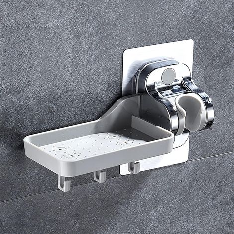 Verstellbarer Duschkopfhalter – Wandmontierter Duschseifenhalter mit 3 Haken, starker Klebehalterung, Duschschlauchhalter aus POM-Material, Silber (1/5)