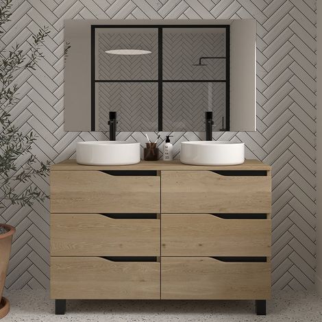 Meuble de salle de bain 120 avec plateau et 2 vasques à poser - 6 tiroirs - madera miel (bois clair) - MATA (1/5)