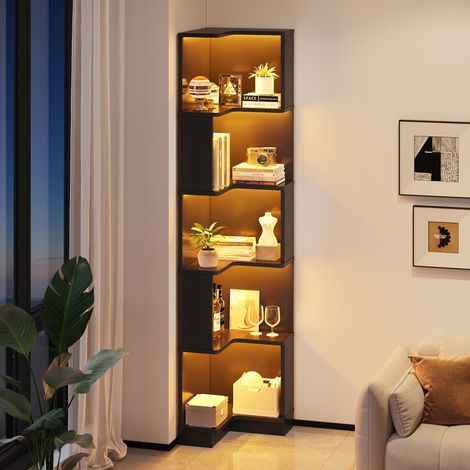 Bibliothèque d'Angle en Forme de L avec 5 Niches et LED Contrôlée par Application, en MDF, Noir, 63.5×45×175 cm (1/5)