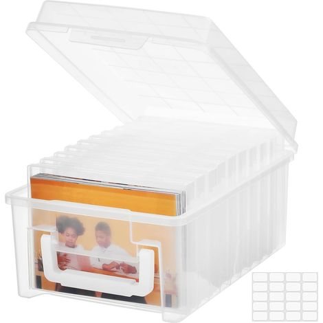 Boîte de rangement pour photos avec poignée - 14 x 19 cm - Organiseur photo - 10 supports intérieurs - Boîtes photo - Organiseur en plastique pour semences, cartes, artisanat, autocollants (1/5)